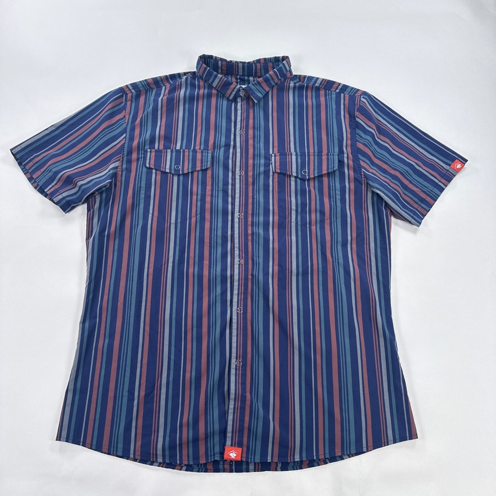 Rabbit Mens High Country Shirt XL Blue Multi Stripe Snap Front Performance Mesh